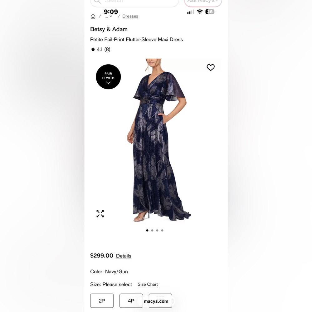 Betsy & Adam Navy and Silver Foil-Print Flutter-Sleeve Maxi Dress